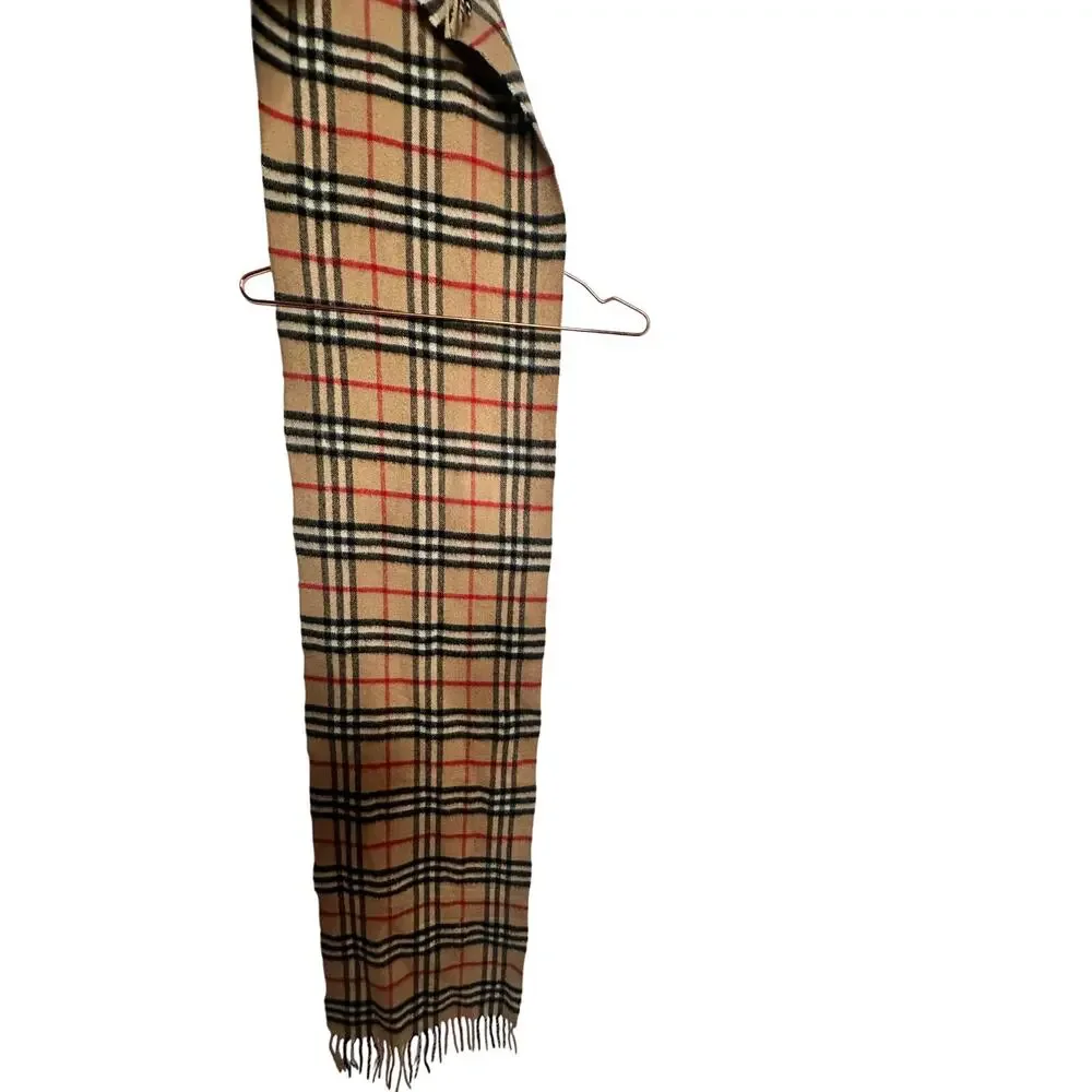 Burberry Scarf Nova Check Beige Tan Cashmere Plaid Fringe Unisex Vintage Scarf